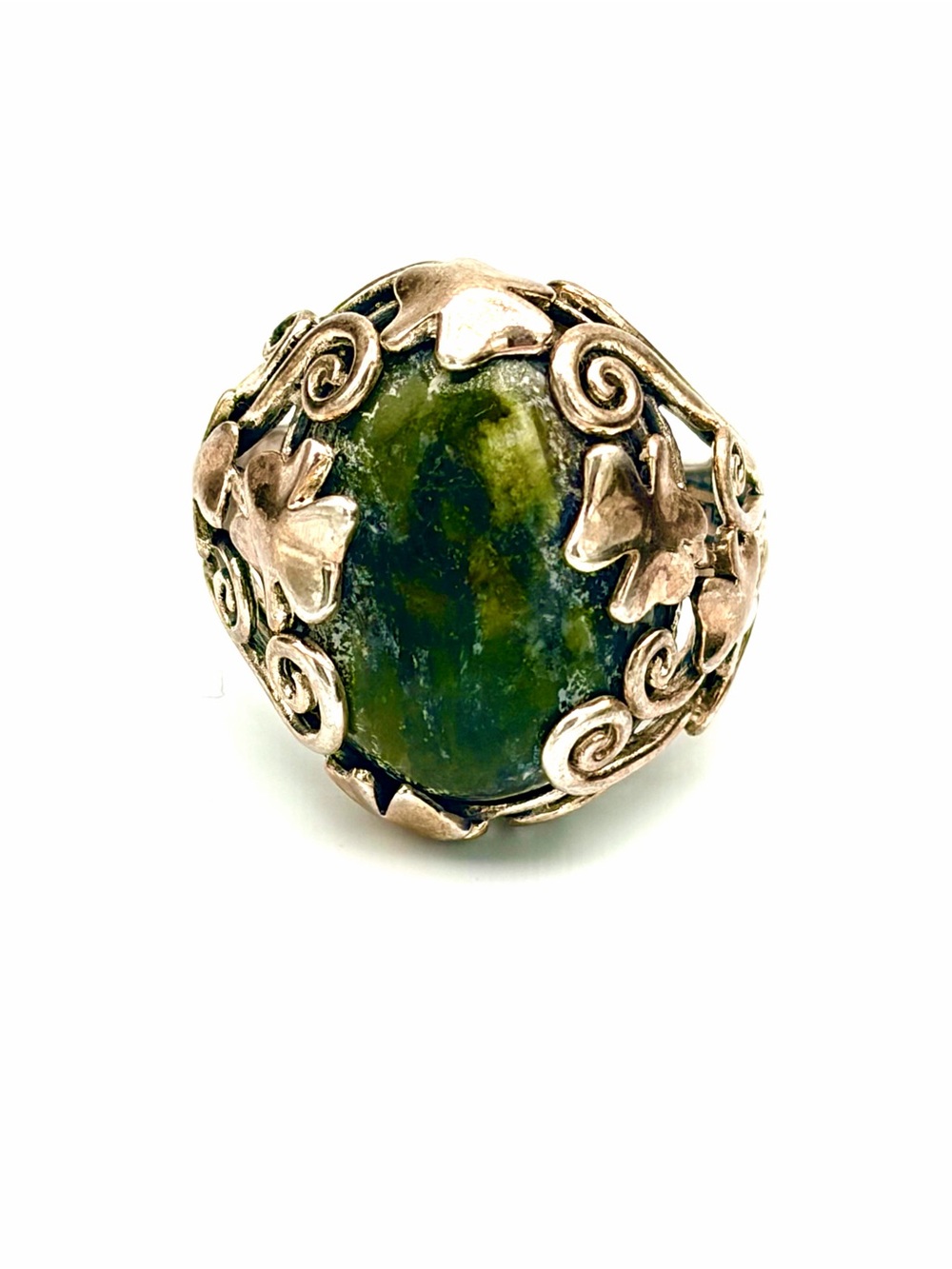 Artisan Green Stone Floral Silver Ring